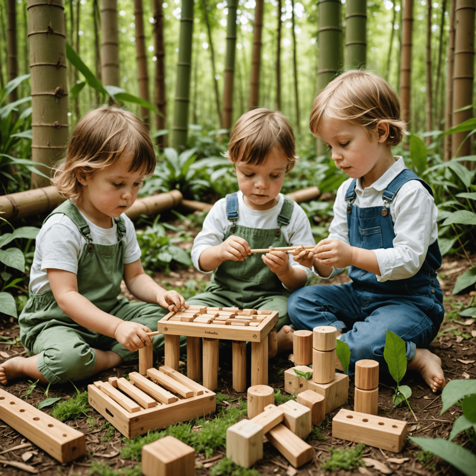 Niños jugando con juguetes ecológicos en un entorno natural, rodeados de árboles y plantas. Los juguetes incluyen bloques de madera, animales de tela orgánica y un xilófono de bambú.