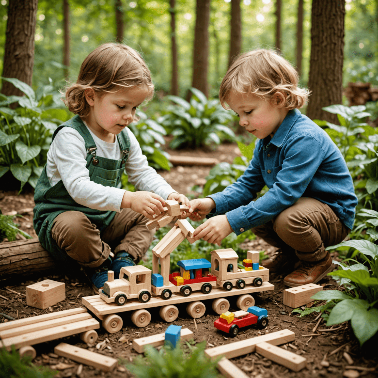 Niños jugando con juguetes de madera en un entorno natural, rodeados de árboles y plantas. Los juguetes incluyen bloques de construcción, animales de madera y un tren de juguete.