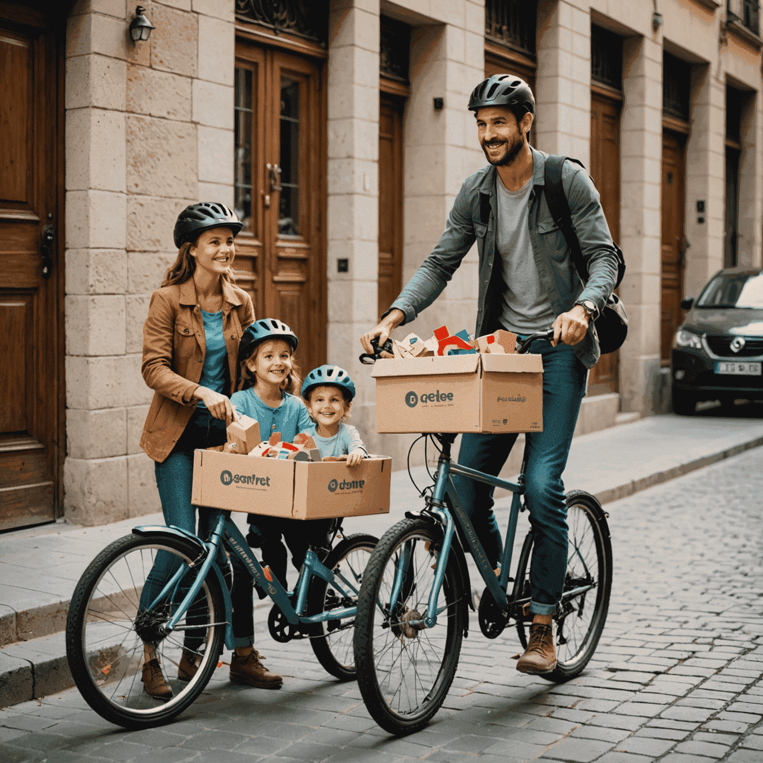 Mensajero en bicicleta entregando una caja de juguetes ecológicos de madera a una familia sonriente frente a su casa en Barcelona