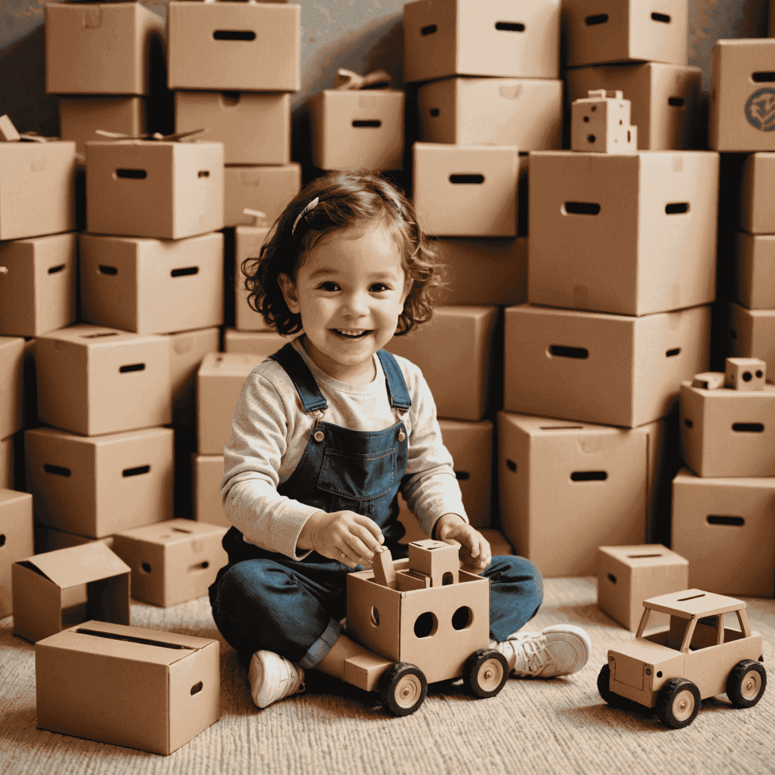 Niño feliz jugando con juguetes de madera ecológicos, rodeado de cajas de cartón reciclado que representan devoluciones y cambios