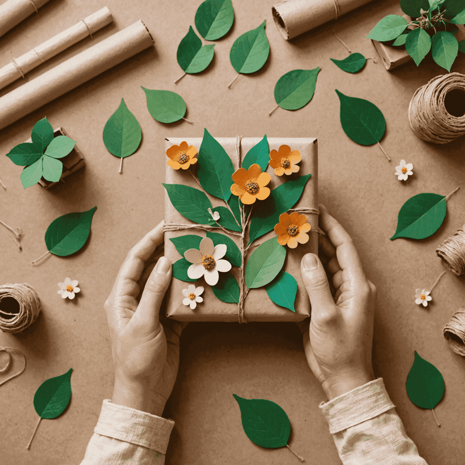 Manos envolviendo un juguete de madera en papel reciclado decorado con hojas y flores naturales