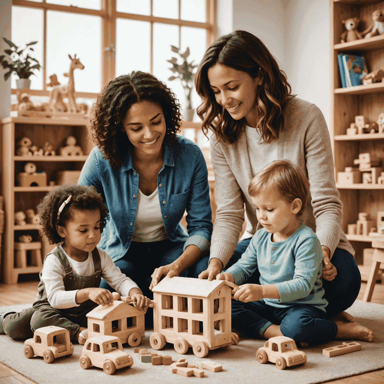 Un especialista en juguetes ecológicos asesorando a una familia con niños sobre la elección de juguetes de madera y materiales naturales
