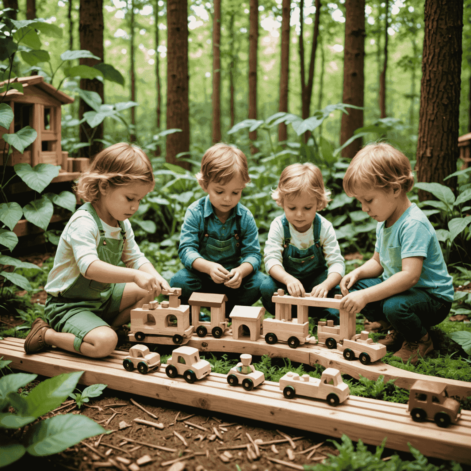 Niños jugando con juguetes de madera ecológicos en un entorno natural, rodeados de árboles y plantas. Los juguetes incluyen bloques de construcción, un tren de madera y figuras de animales, todos hechos de materiales sostenibles y pintados con colores naturales.