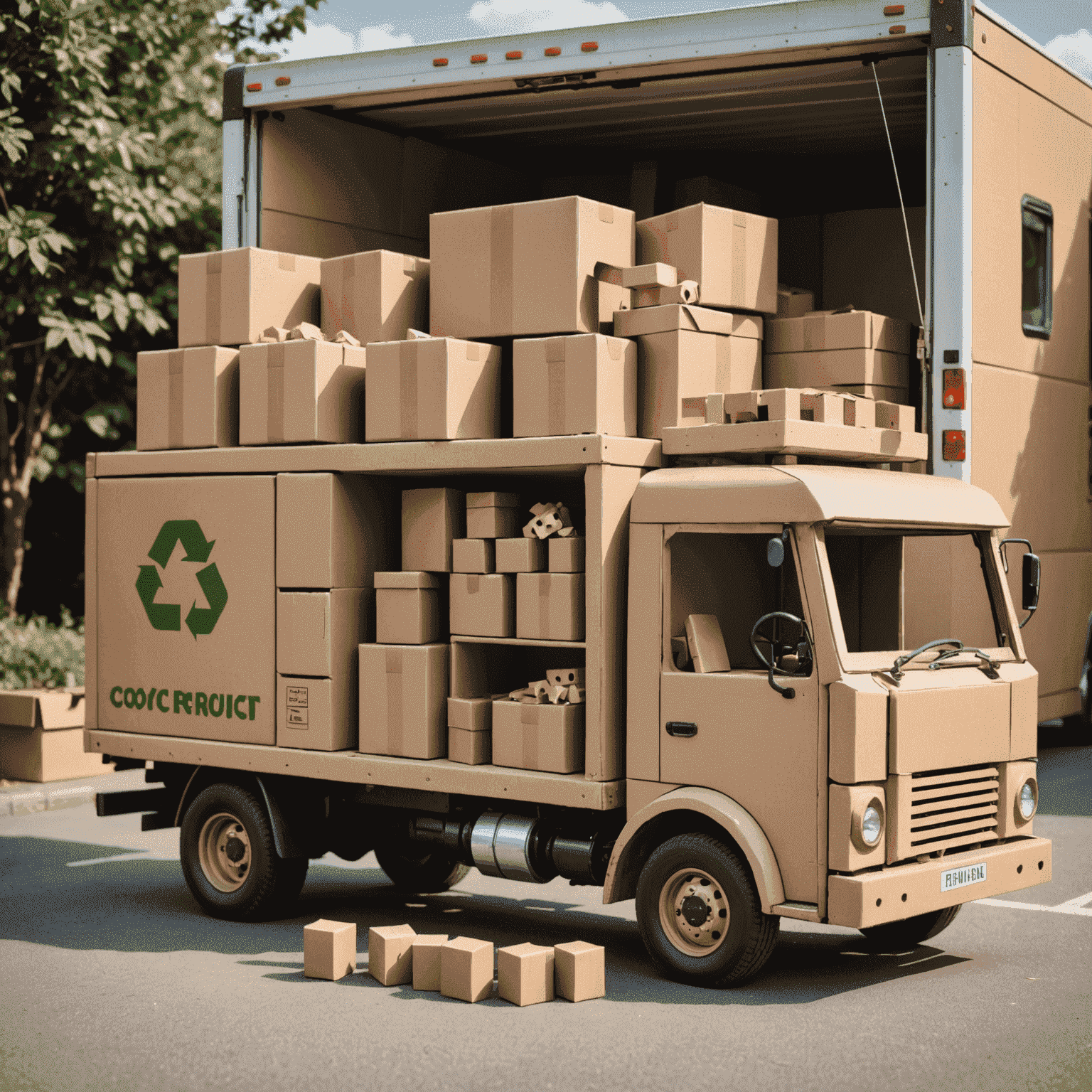 Imagen de un camión de entrega ecológico cargado con juguetes de madera y cajas de cartón reciclado
