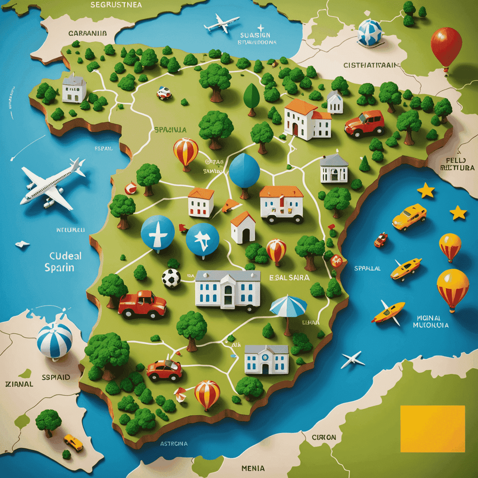 Mapa de España con iconos de juguetes ecológicos marcando las principales ciudades, mostrando la red de distribución nacional