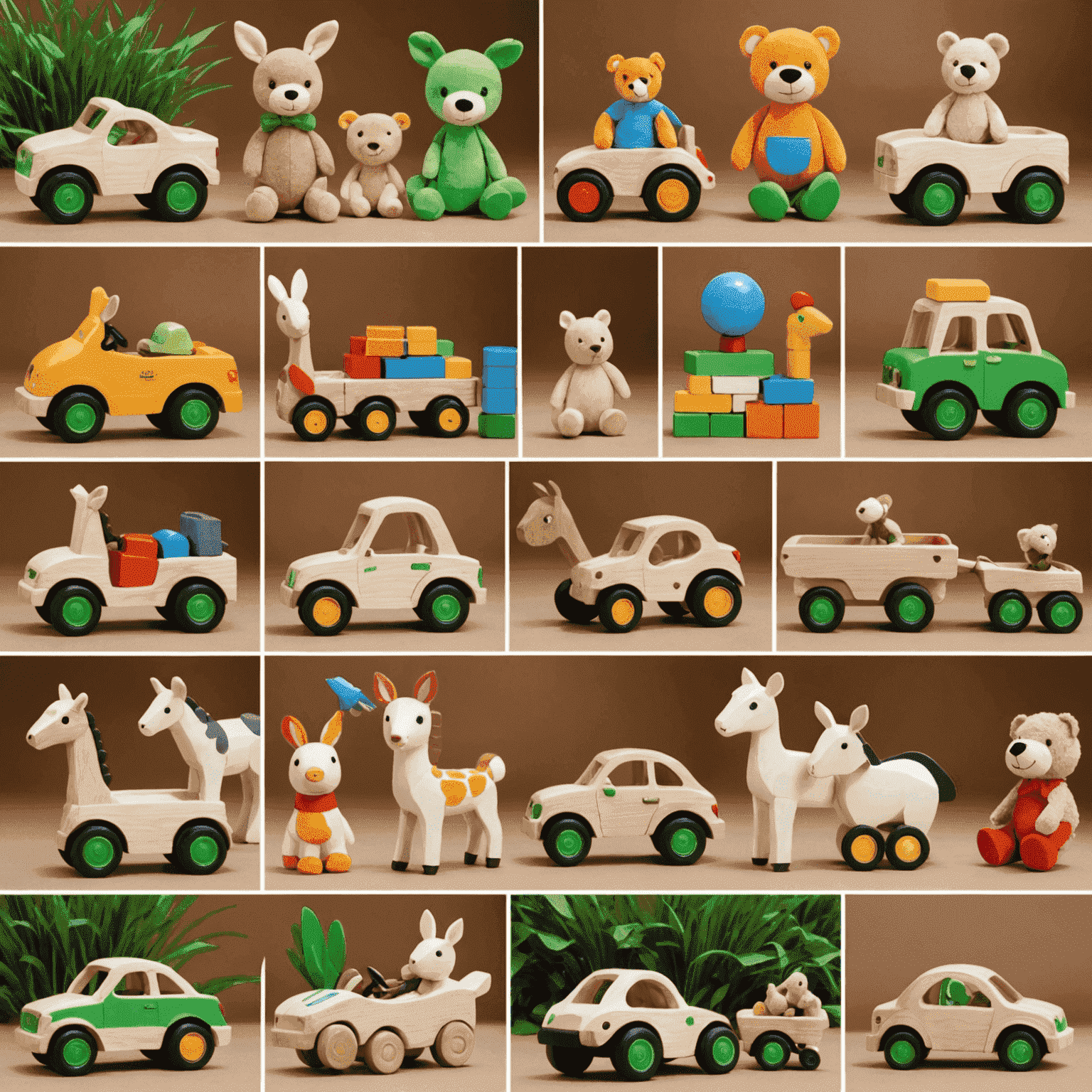 Collage de juguetes ecológicos de Eco-toys_shop, mostrando la variedad de productos sostenibles y educativos disponibles para cambio o devolución