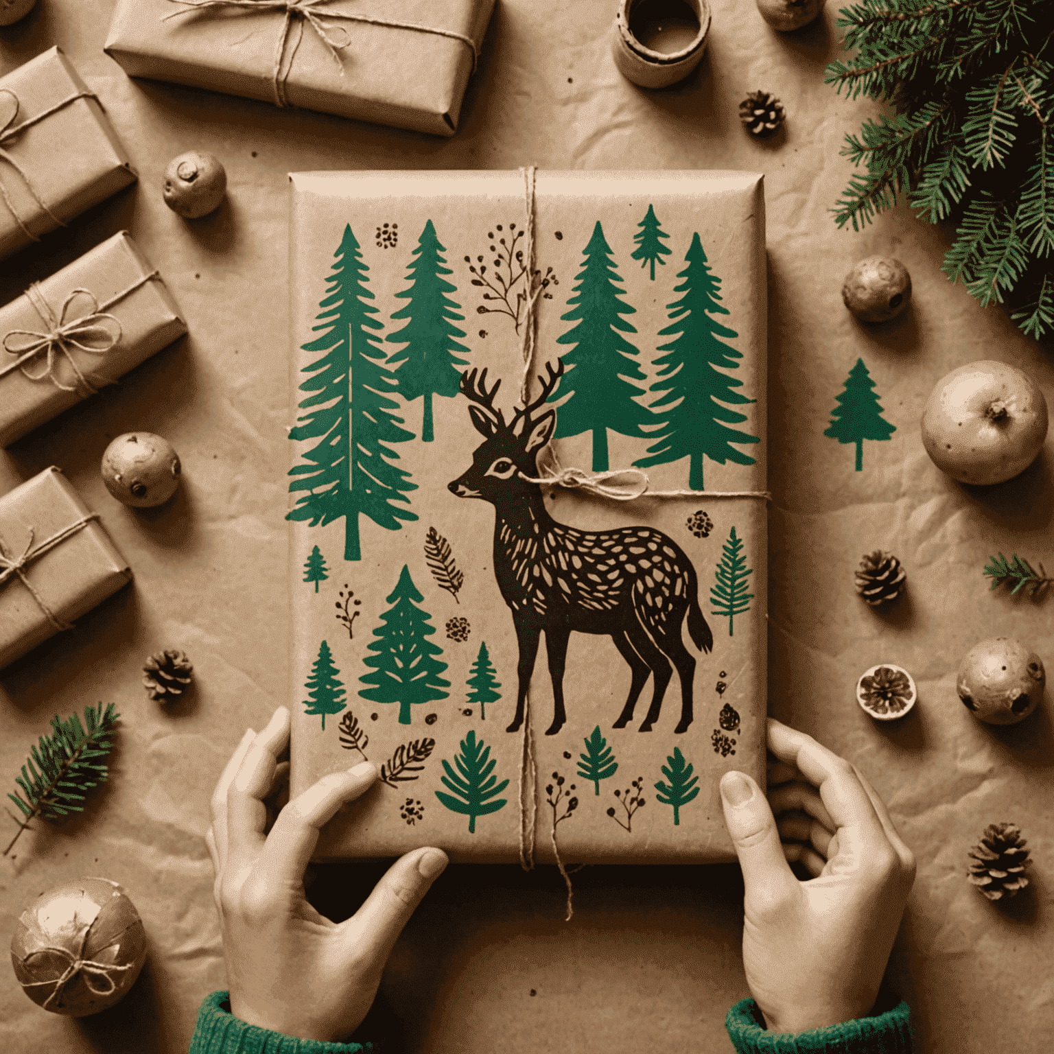 Niño desenvolviendo un regalo envuelto en papel kraft decorado con estampados de animales del bosque hechos con sellos de patata