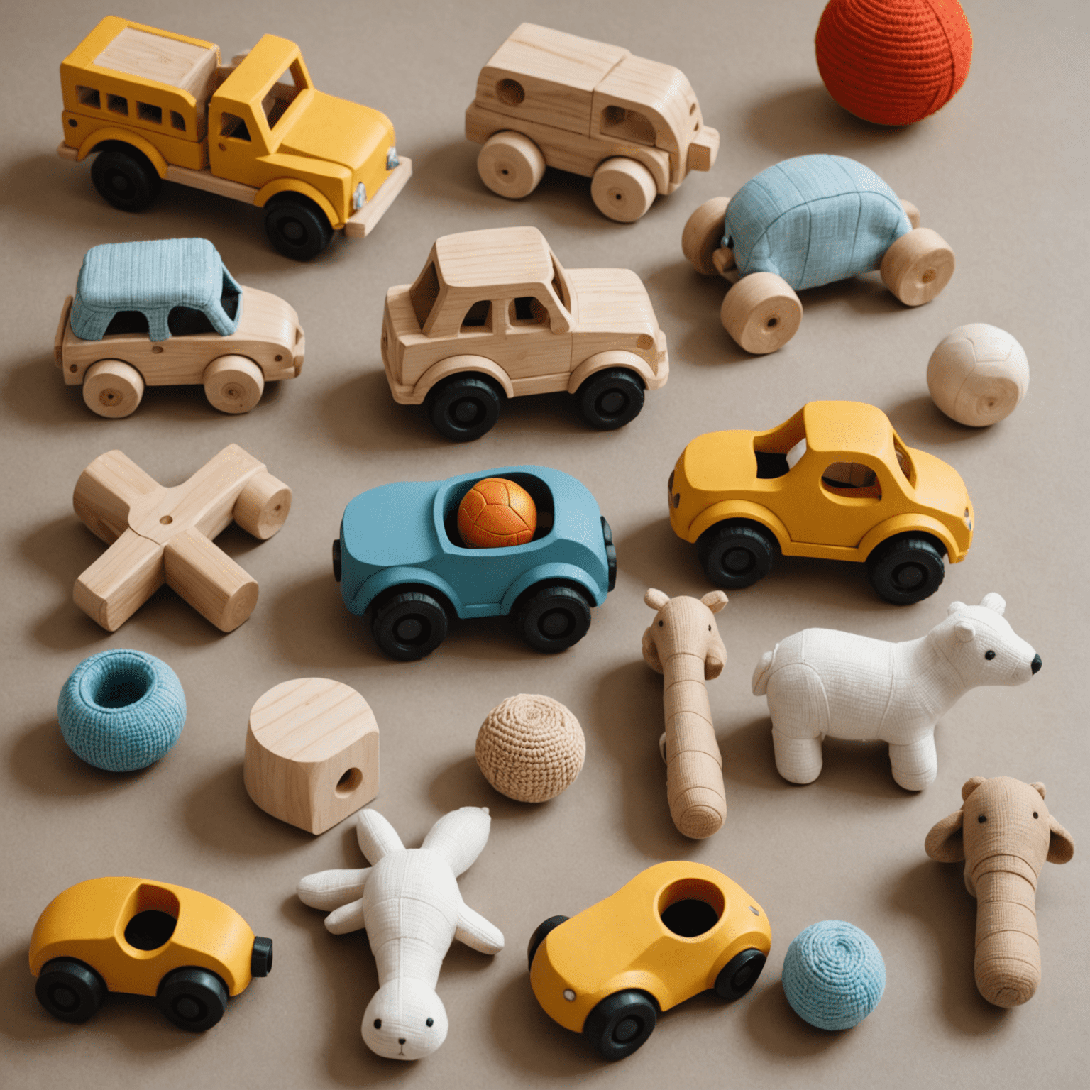 Colección de juguetes ecológicos de madera, tela orgánica y caucho natural dispuestos de manera atractiva