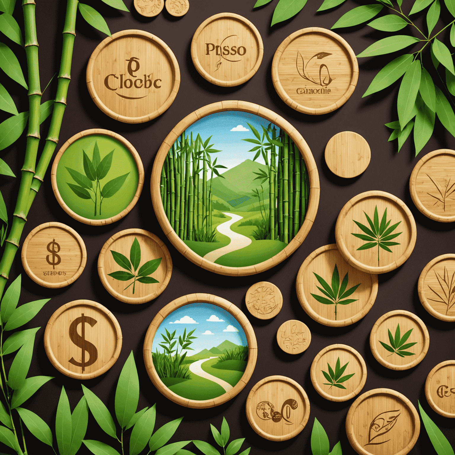 Ilustración de diferentes métodos de pago ecológicos, incluyendo tarjetas de bambú y monedas de madera