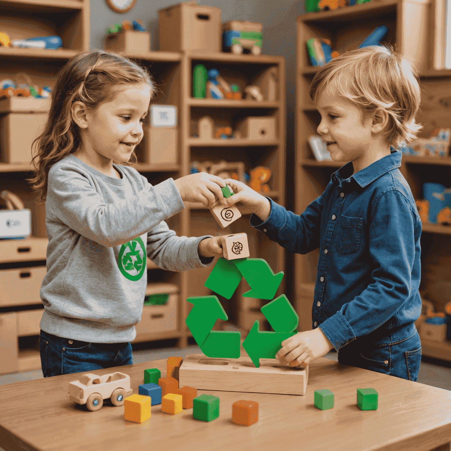 Imagen de un niño intercambiando un juguete de madera por otro, con un símbolo de reciclaje en el fondo