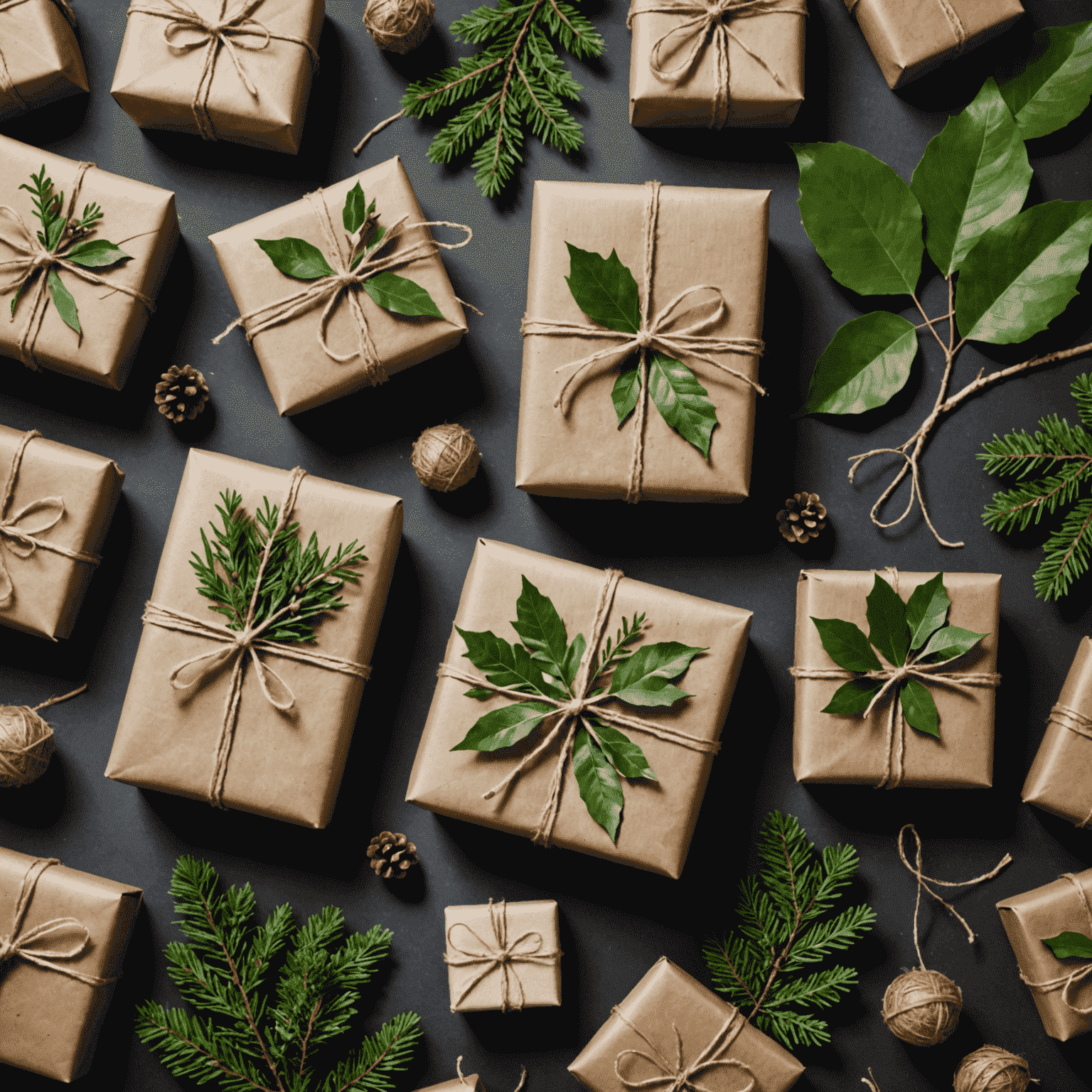 Imagen de regalos envueltos en papel reciclado y decorados con elementos naturales como hojas y ramitas