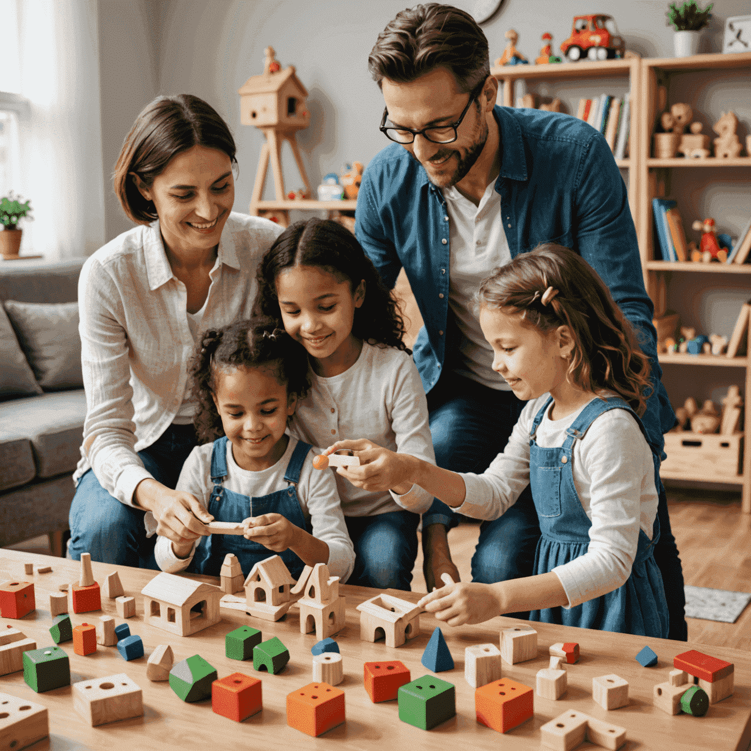 Imagen de un asesor mostrando diferentes juguetes de madera y orgánicos a una familia con niños